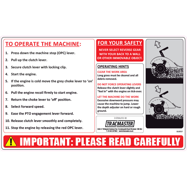 'Action' Rotavator Operating Sticker  - Part No 810937